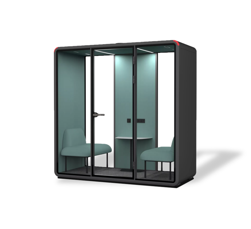 Spacious office pod and phone booth designed for two people, perfect for private meetings and calls