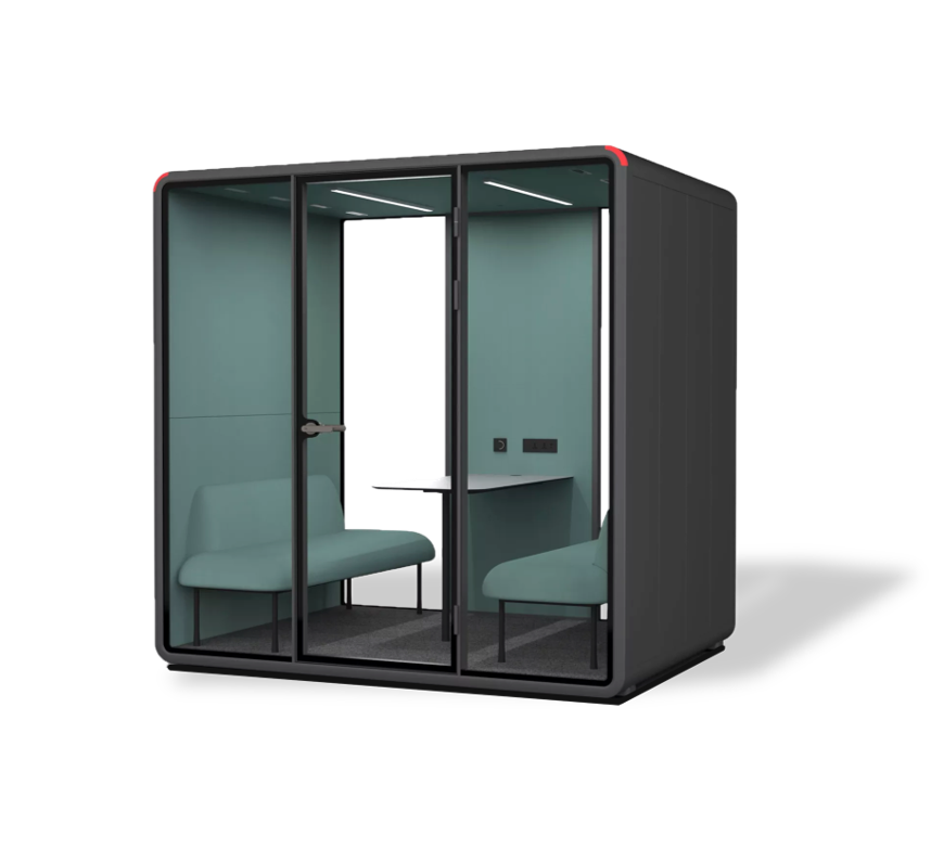 Large office pod and phone booth for up to four people, ideal for collaborative work and team meetings