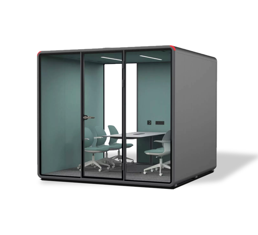Extra-large office pod and phone booth accommodating up to six people, perfect for group meetings and teamwork
